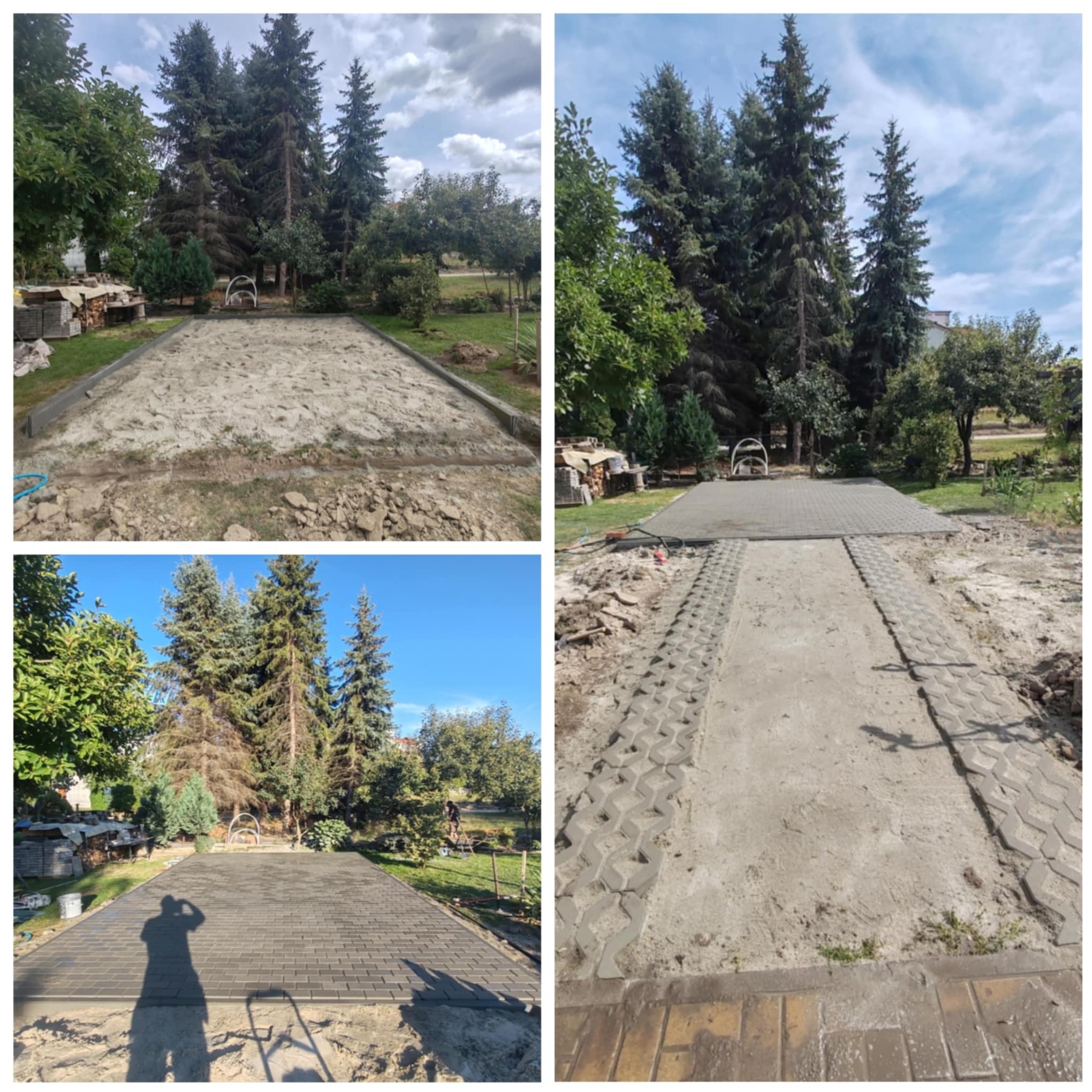 Trzy etapy budowy podjazdu: przygotowanie terenu, częściowe ułożenie ażurowych płyt i finalny efekt z kostki brukowej. Widoczny cień osoby wykonującej zdjęcie.