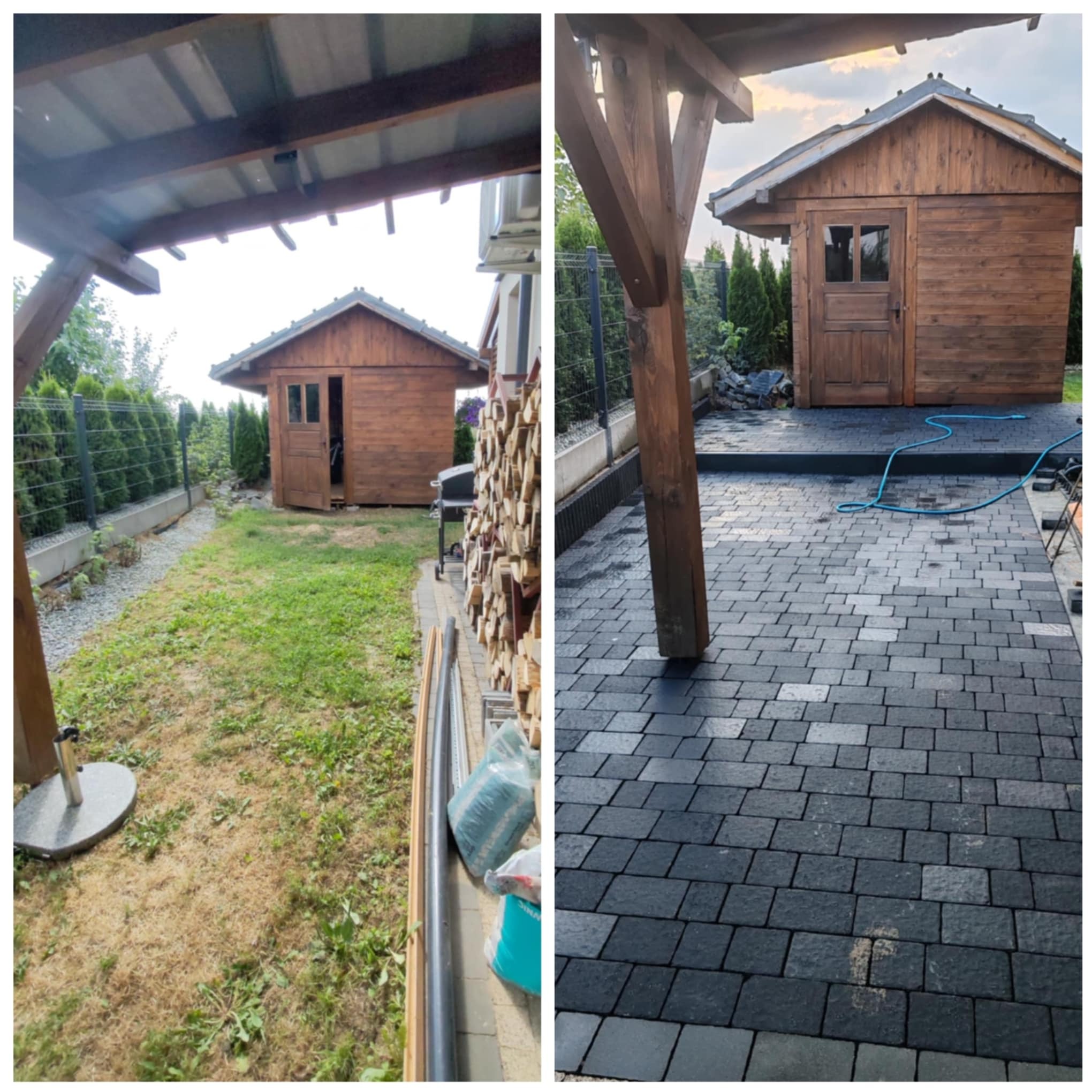 Zdjęcie 'przed i po' z ułożoną kostką brukową w odcieniach szarości, drewnianą altaną i zielenią w tle. Widoczne worki z materiałami budowlanymi.