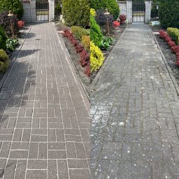 Bartłomiej Wojda - Kostka brukowa przed i po czyszczeniu, widok na ścieżkę w ogrodzie. Po lewej stronie czysta, szara kostka, po prawej zabrudzona, z plamami i mchem. Efekt czyszczenia.