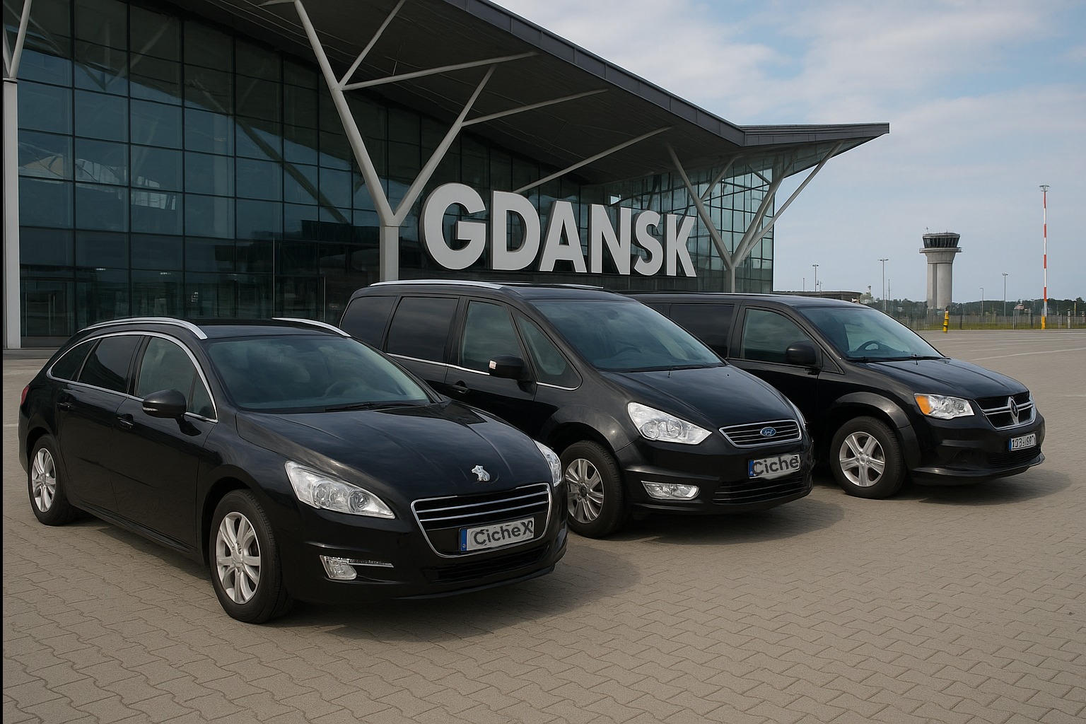 Trzy czarne samochody (Peugeot, Ford Galaxy, Dodge) na tle lotniska w Gdańsku, wieża kontroli lotów w tle. Flota pojazdów do wynajęcia.