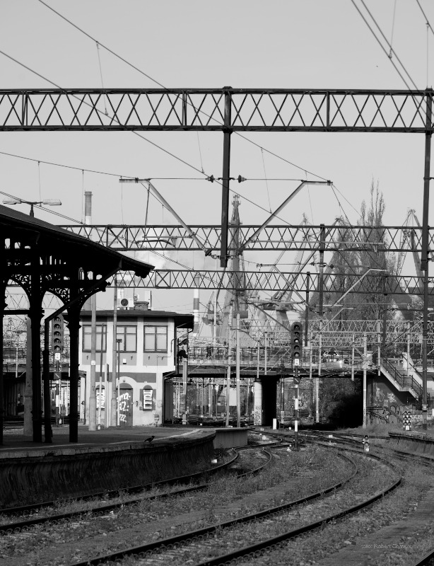 Czarno-białe zdjęcie stacji kolejowej z widocznymi torami, peronem, budynkiem stacyjnym i konstrukcjami wsporczymi sieci trakcyjnej. Widoczny fragment infrastruktury.