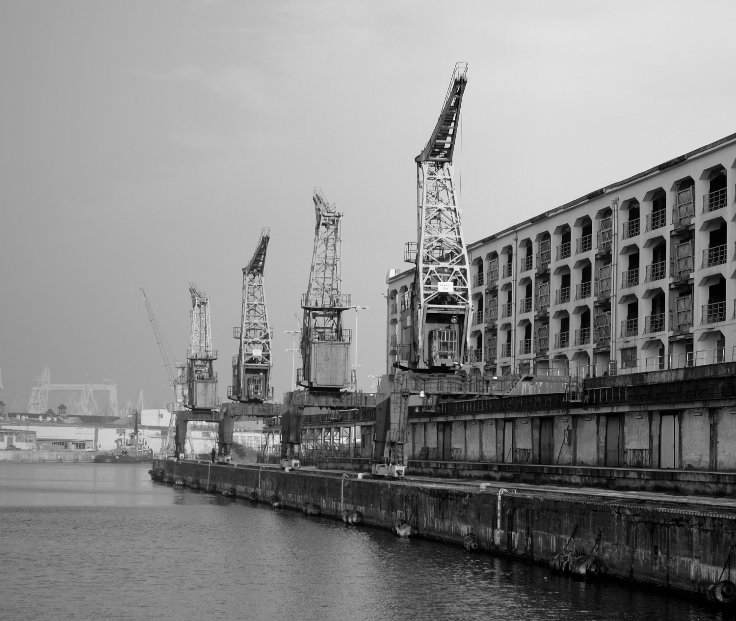 Czarno-białe zdjęcie nabrzeża w Szczecinie z dźwigami portowymi i budynkiem w tle. Widok na infrastrukturę portową.