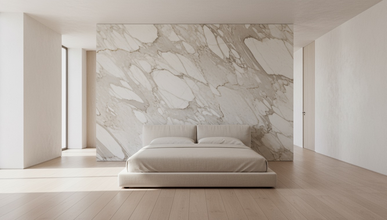 Minimalistyczna sypialnia z łóżkiem na tle ściany z marmuru. Jasne drewno na podłodze, neutralna kolorystyka, nowoczesny design. Duże okno w tle.
