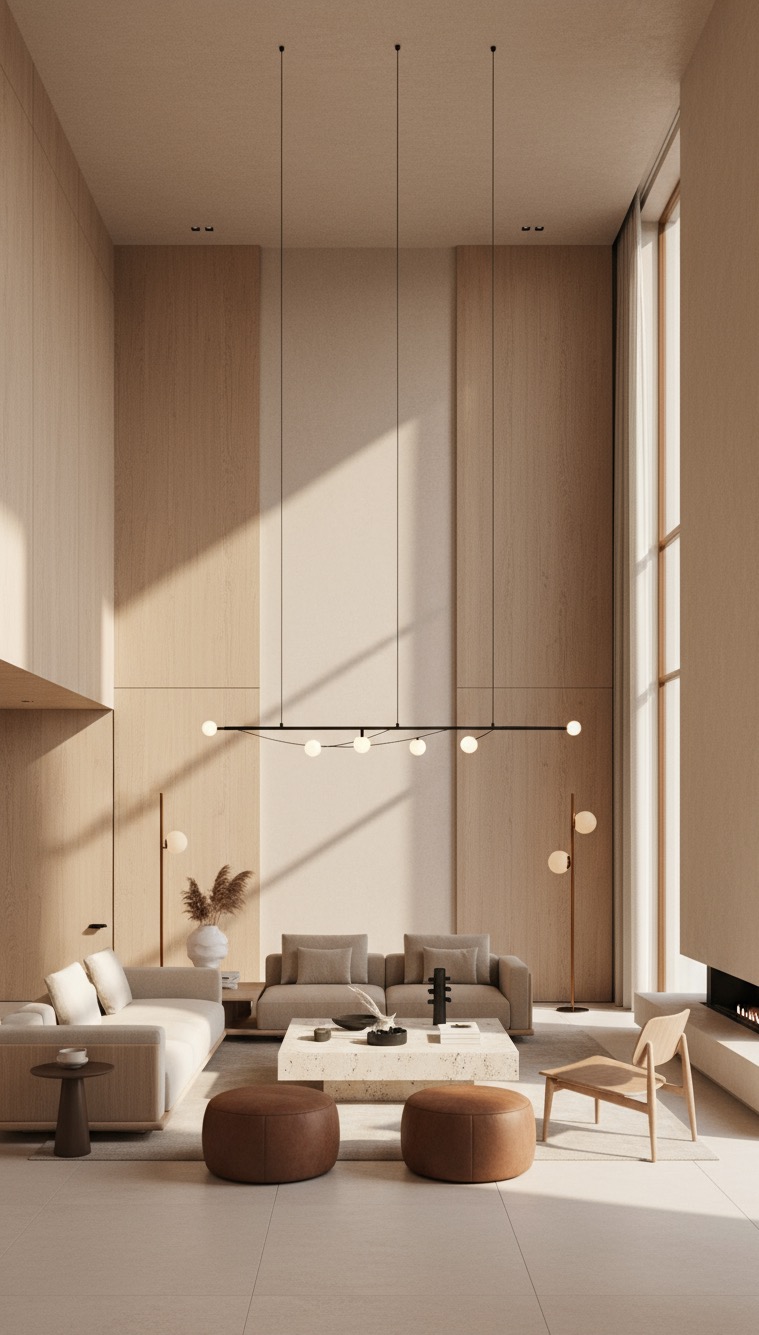 Jasne, minimalistyczne wnętrze salonu z drewnianymi panelami ściennymi, nowoczesnym oświetleniem i beżowymi meblami. Widok na kominek i wysokie okno.