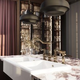 Projektant Wnętrz Studio RETRO Design - Patrycja Wawrzyniak - Kuchnia modern classic: biały zlew farmerski, złota armatura, marmurowy blat w burgundach, czarne lampy wiszące i drewniane belki sufitowe. Elegancki wystrój.