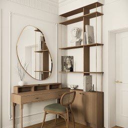 Projektant Wnętrz Studio RETRO Design - Patrycja Wawrzyniak - Stylowe biurko z owalnym lustrem i regałem w pokoju w Koszalinie. Jasne drewno, dekoracyjne listwy ścienne, parkiet w jodełkę. Wazon z gałązkami.