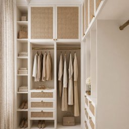 Projektant Wnętrz Studio RETRO Design - Patrycja Wawrzyniak - Elegancka garderoba w stylu Modern Hamptons z białymi szafami, rattanowymi frontami i złotymi uchwytami, zlokalizowana w Koszalinie. Widoczne neutralne ubrania i akcesoria, jasna drewniana podłoga.