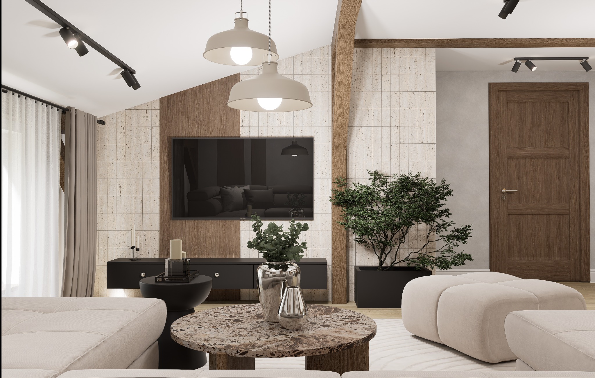 Nowoczesny salon z beżową sofą, marmurowym stolikiem i roślinami w donicach. Ściana z telewizorem wykończona płytkami imitującymi drewno. Oświetlenie punktowe i wiszące lampy.