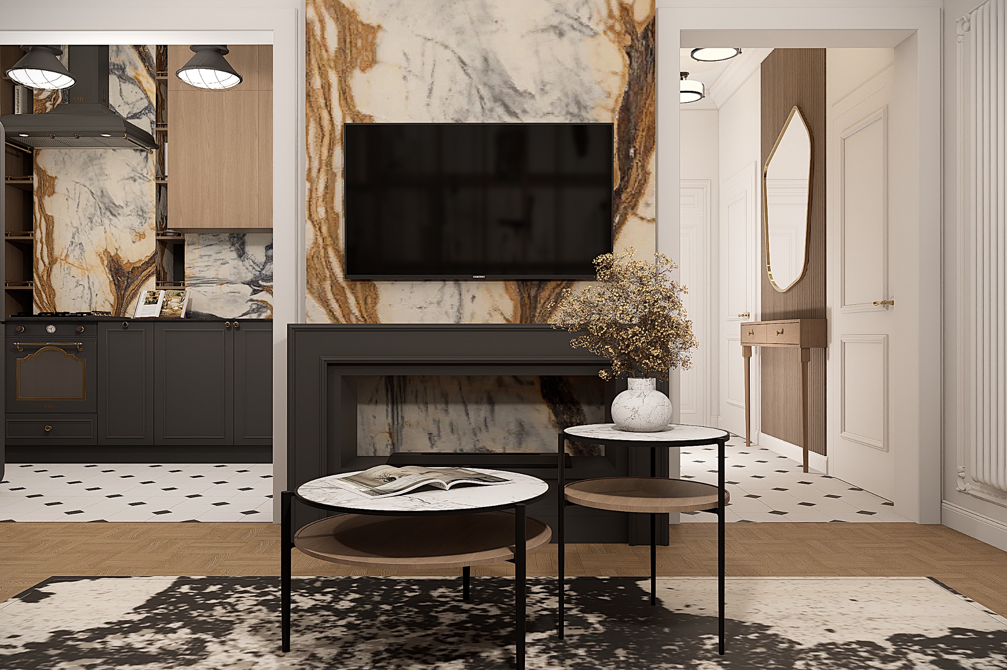 Eleganckie wnętrze: marmurowa ściana z TV nad kominkiem, stoliki kawowe z dekoracją, widok na przedpokój z lustrem. Klasyka, retro i kolonialne inspiracje.