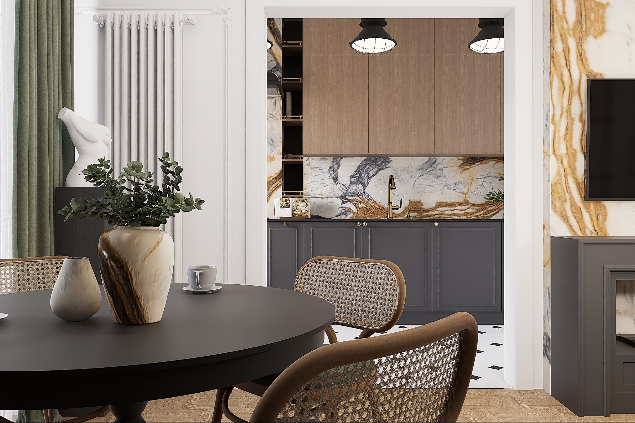 Eleganckie wnętrze: okrągły stół z wazonami i filiżanką, krzesła z rattanowym oparciem, w tle widok na kuchnię z marmurowym blatem i szafkami w odcieniach szarości.