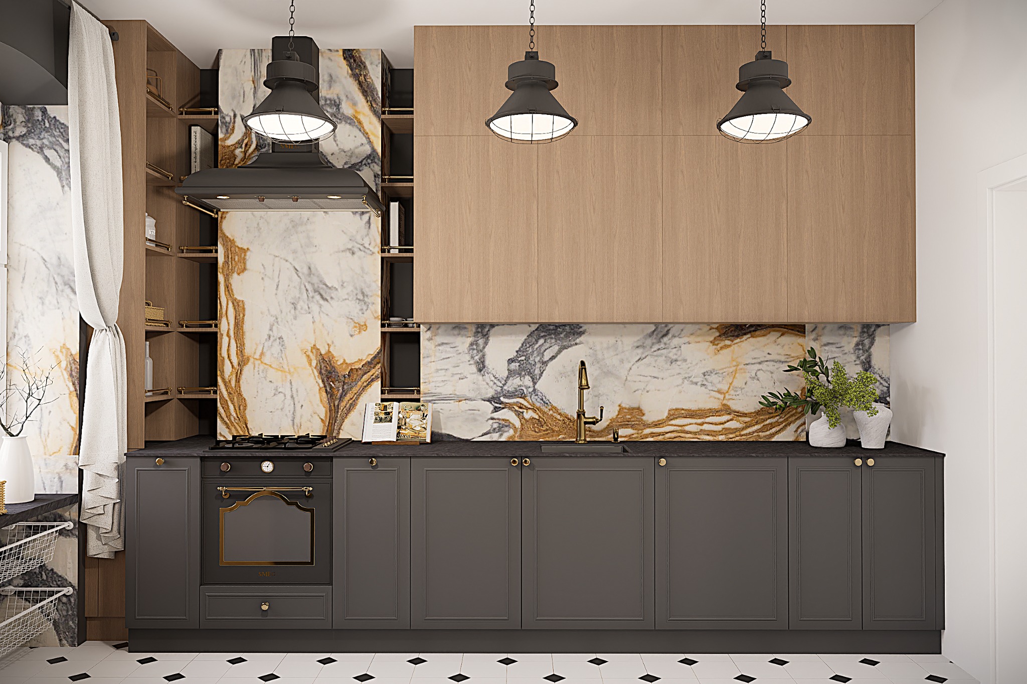 Elegancka kuchnia w stylu retro z marmurowym backsplashiem i ciemnoszarymi szafkami. Uwagę przykuwają wiszące lampy w stylu industrialnym i czarno-biała podłoga.