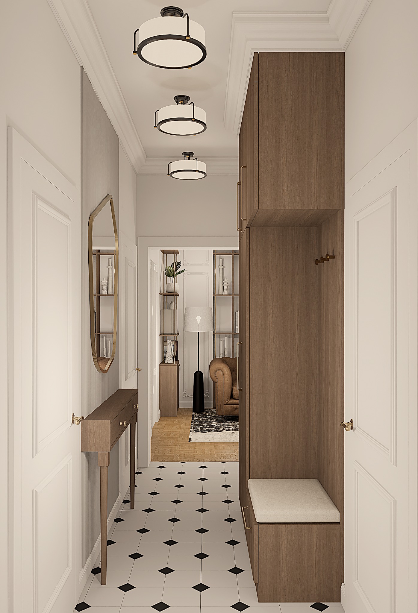 Stylowy przedpokój z drewnianą szafą z siedziskiem, konsolą z lustrem i wzorzystą podłogą. Widok na salon z skórzaną sofą i regałami. Oświetlenie sufitowe.