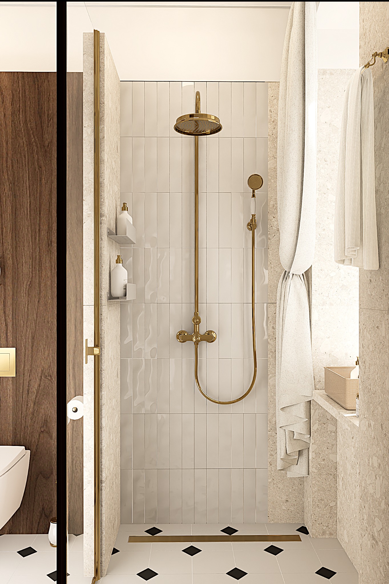 Elegancka kabina prysznicowa z deszczownicą w odcieniach bieli i złota. Minimalistyczne półki z kosmetykami, ręczniki i mozaika na podłodze dodają luksusowego charakteru.