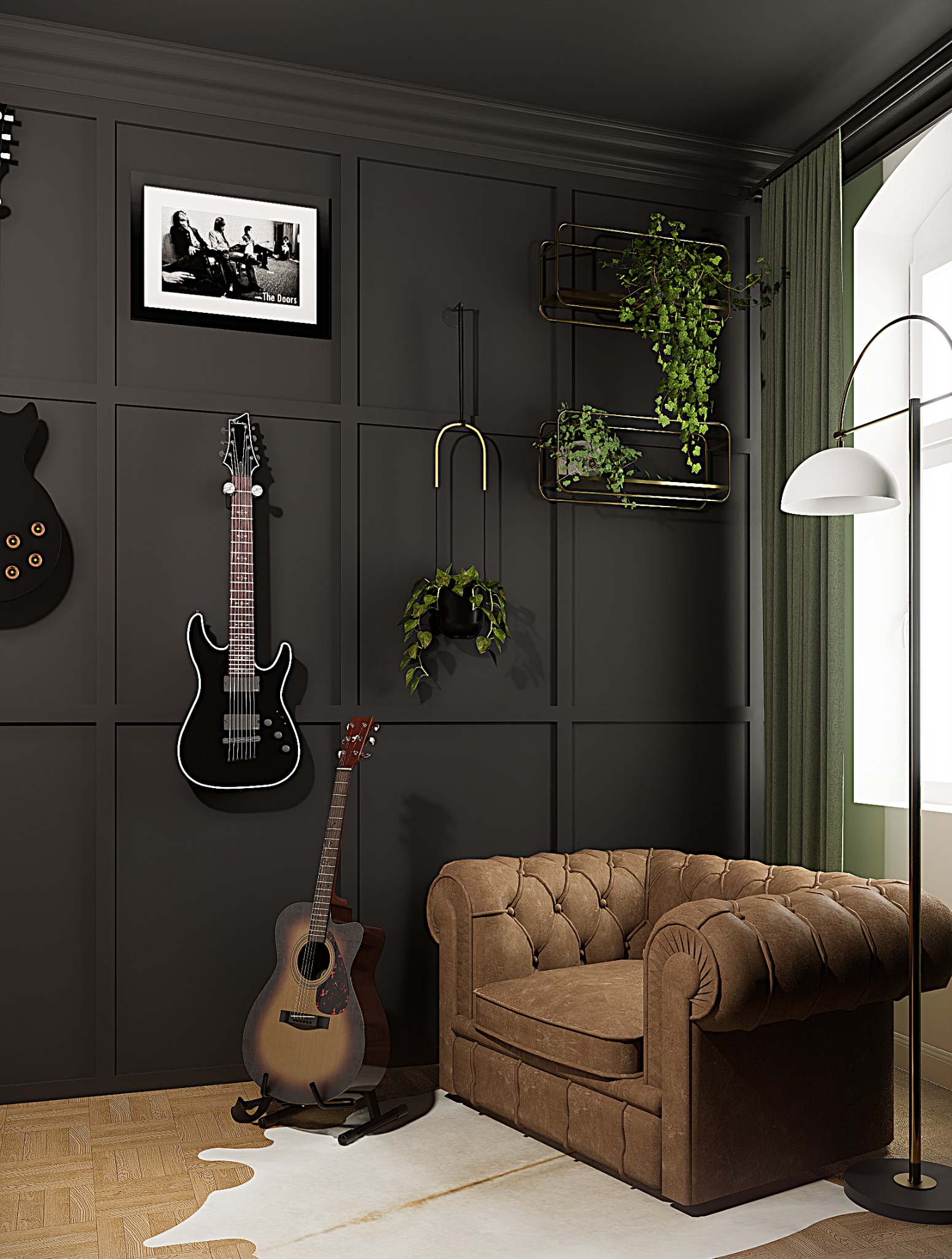 Stylowy pokój z ciemnymi ścianami, gitarami, roślinami w złotych doniczkach i brązowym fotelem Chesterfield na jasnej skórze. Na ścianie zdjęcie zespołu The Doors.