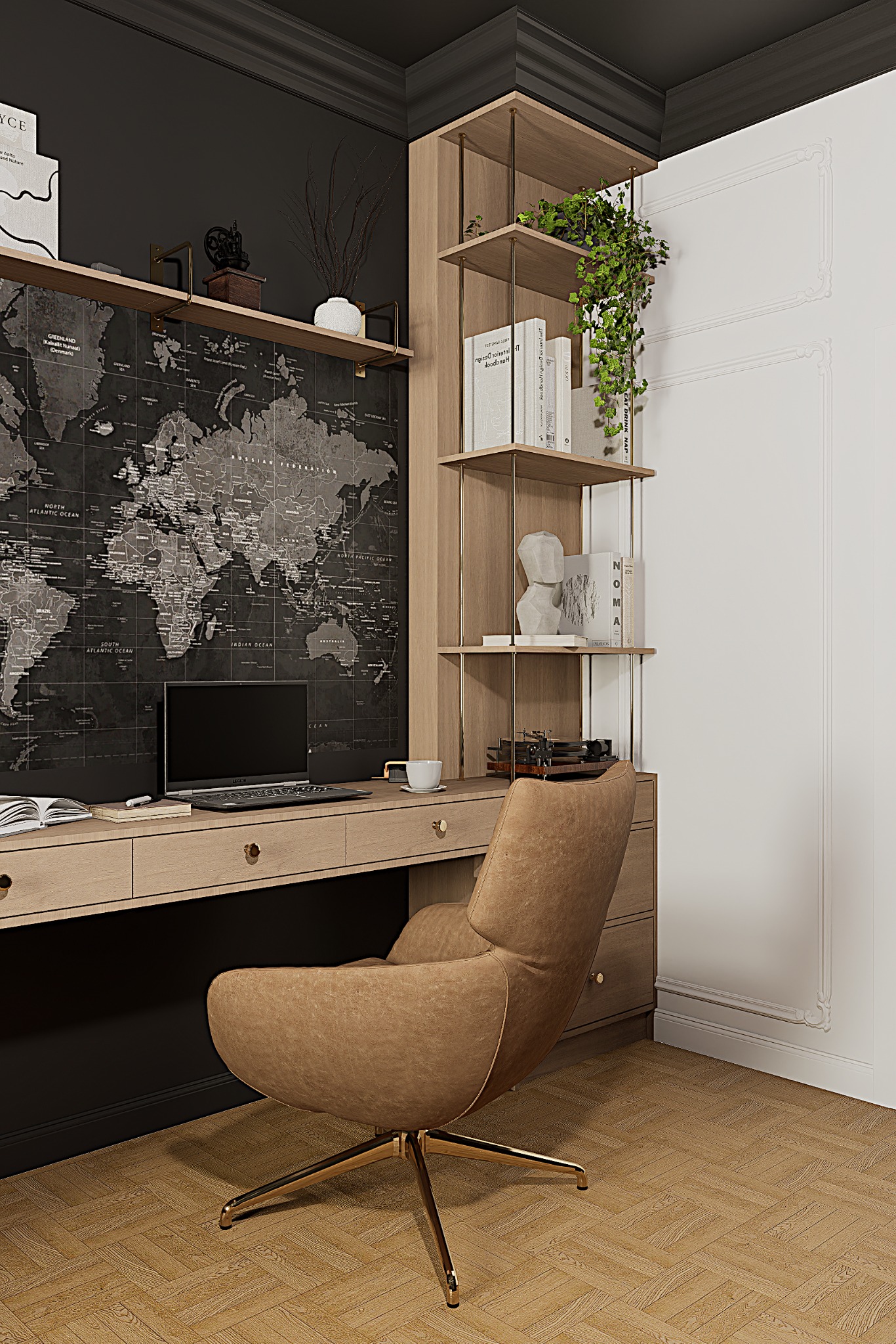 Nowoczesne biuro domowe: drewniane biurko z laptopem, fotel na złotych nogach, mapa świata na ścianie, półki z książkami i roślinami. Stylowe i funkcjonalne.