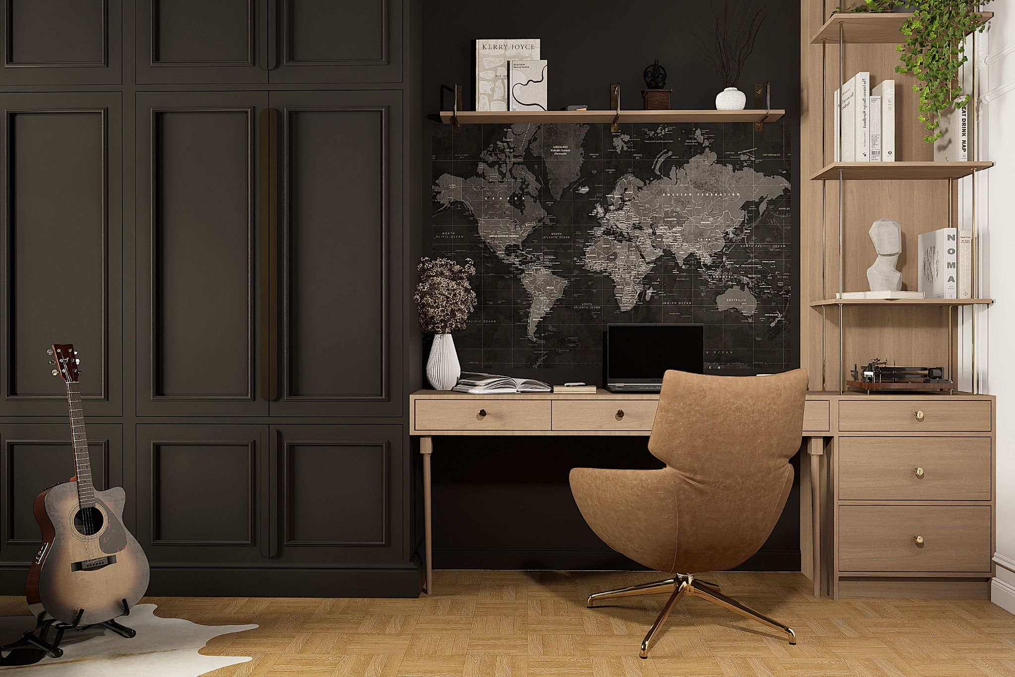 Pokój z biurkiem, krzesłem i gitarą. Na ścianie mapa świata i półki z książkami. Ciemna kolorystyka z akcentami drewna. Nowoczesny design z elementami vintage.