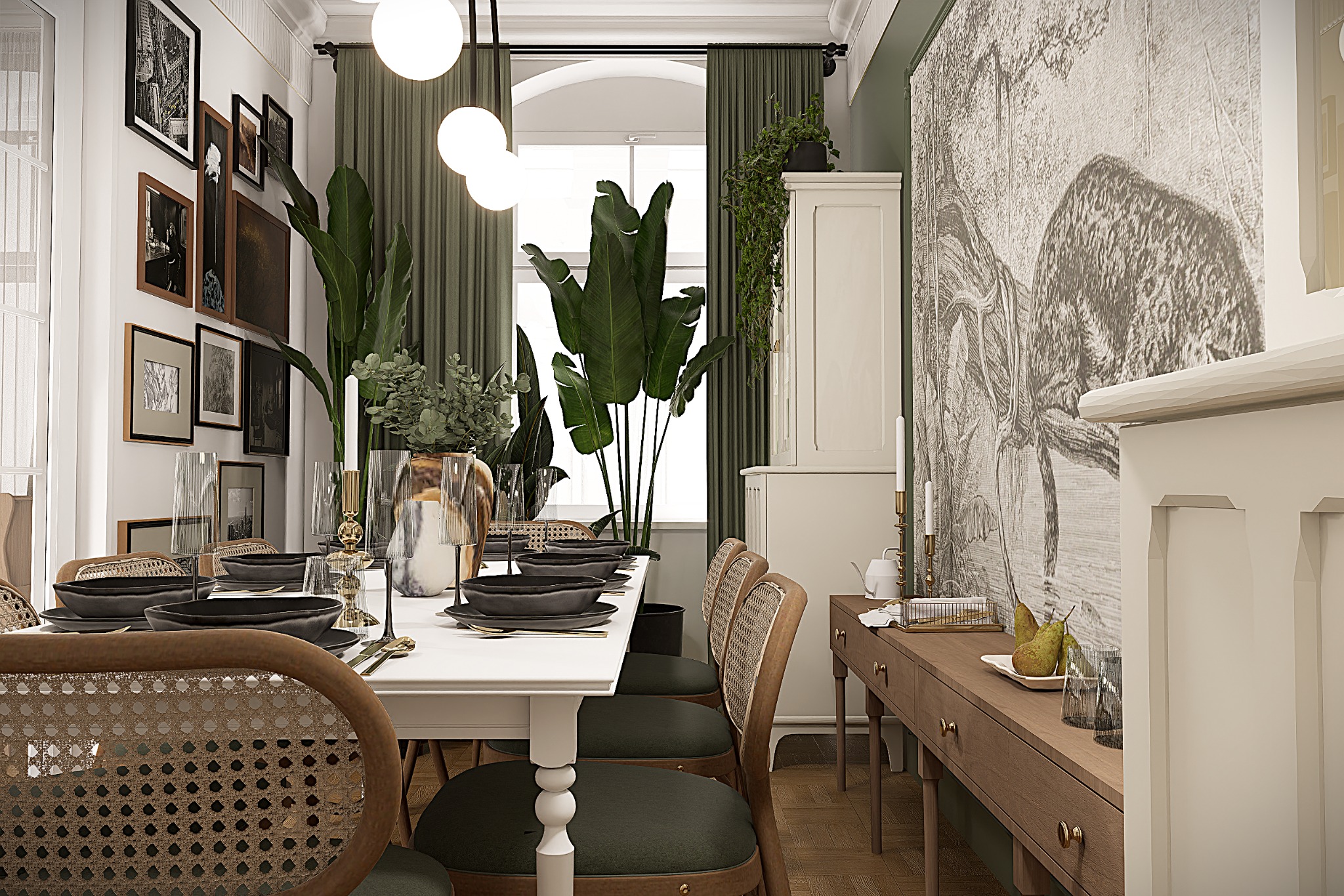 Elegancka jadalnia z białym stołem, rattanowymi krzesłami i dekoracyjną tapetą z motywem zwierzęcym. Rośliny doniczkowe dodają świeżości wnętrzu.