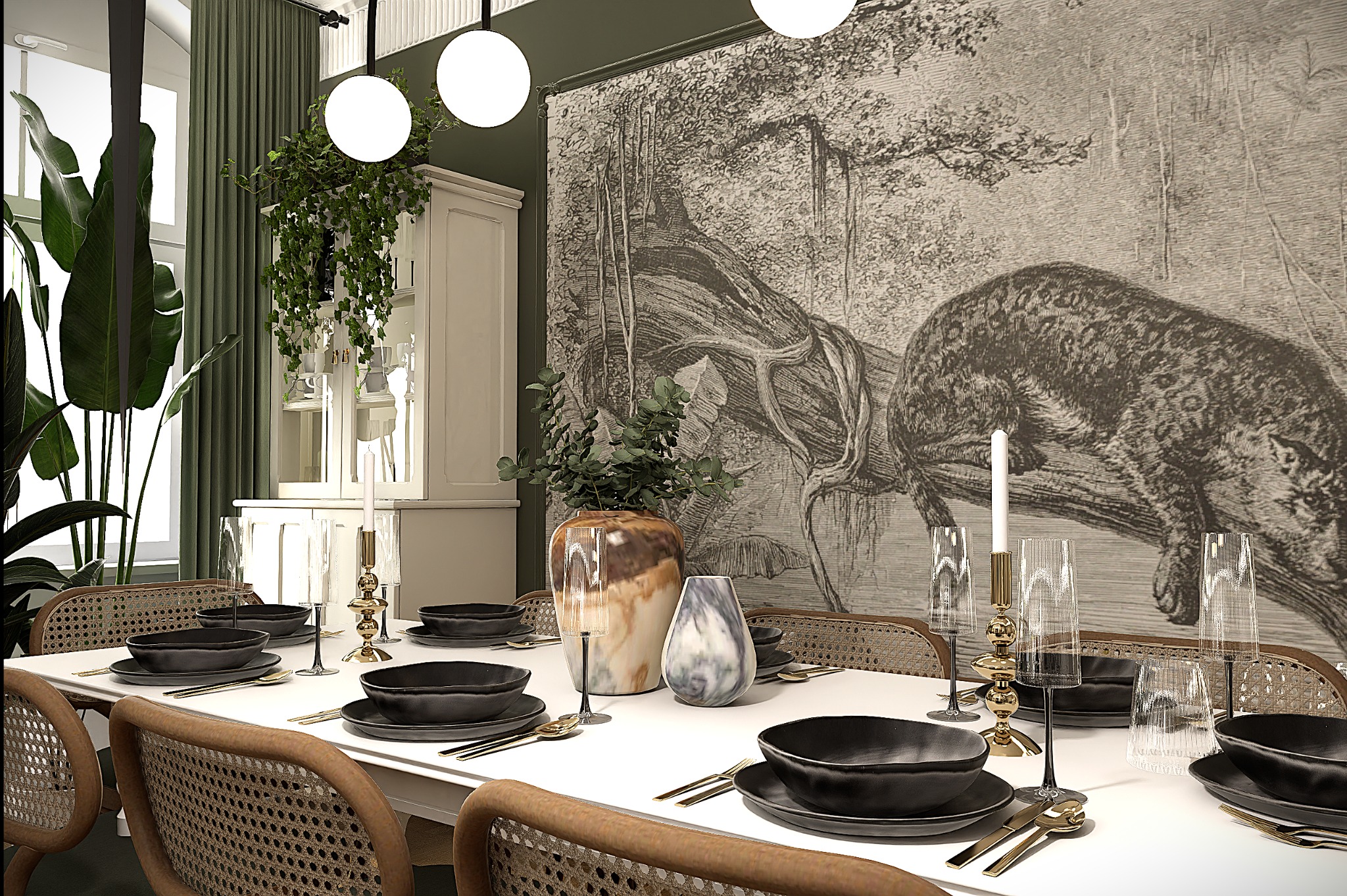 Elegancka jadalnia z białym stołem, czarną zastawą i rattanowymi krzesłami. W tle dekoracyjna tapeta z motywem zwierzęcym i rośliny doniczkowe.