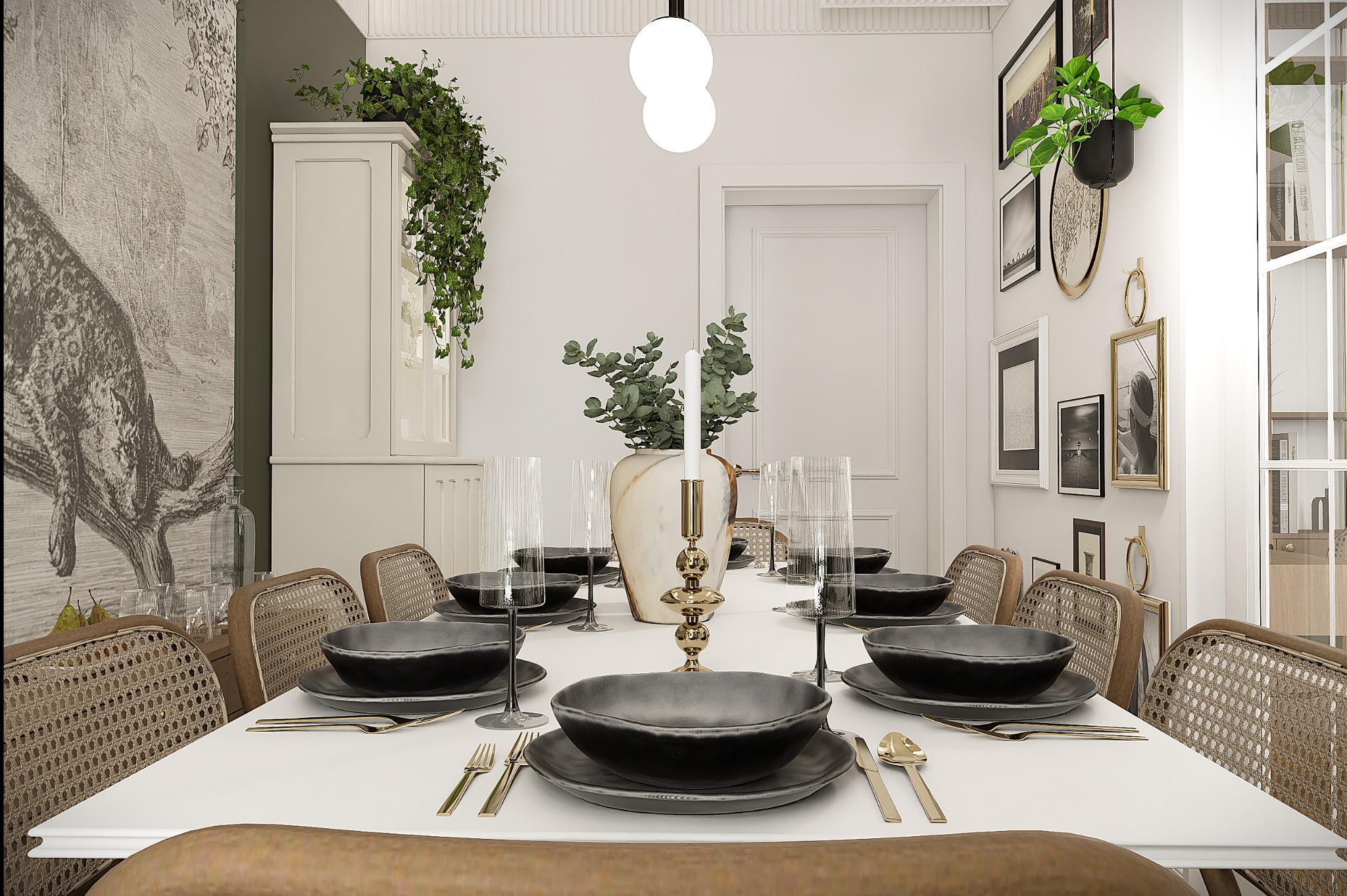 Elegancka jadalnia w neutralnych barwach: biały stół z czarną zastawą, rattanowe krzesła, dekoracje roślinne i galeria obrazów na ścianie. Subtelne oświetlenie.
