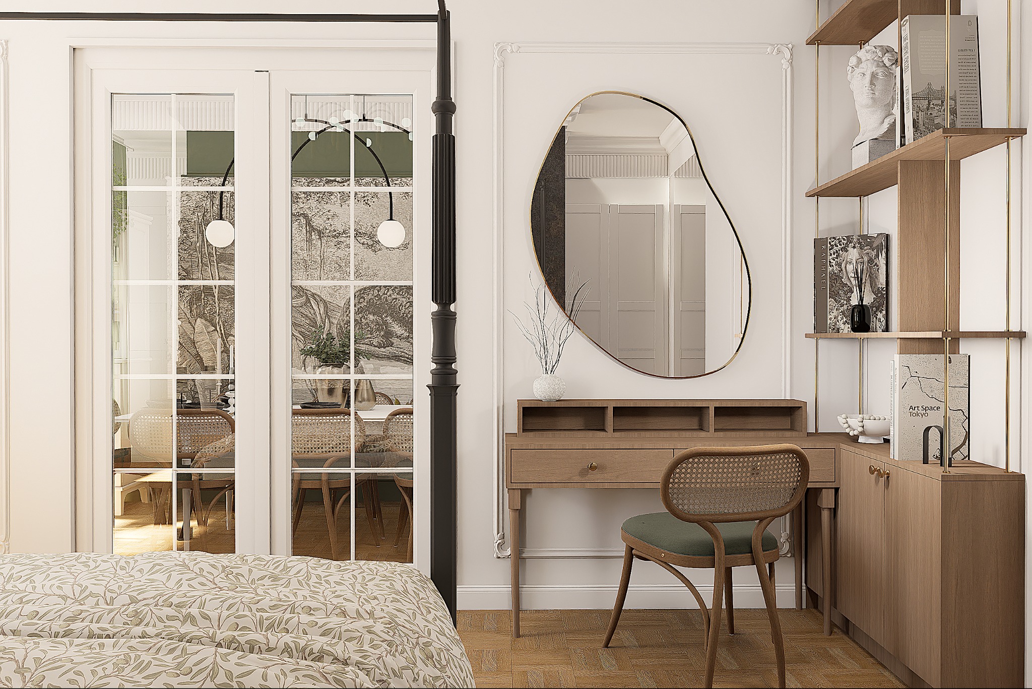 Elegancka toaletka z owalnym lustrem i rattanowym krzesłem, uzupełniona o półki z dekoracjami. W tle widoczne przeszklone drzwi balkonowe i wzorzysta pościel.