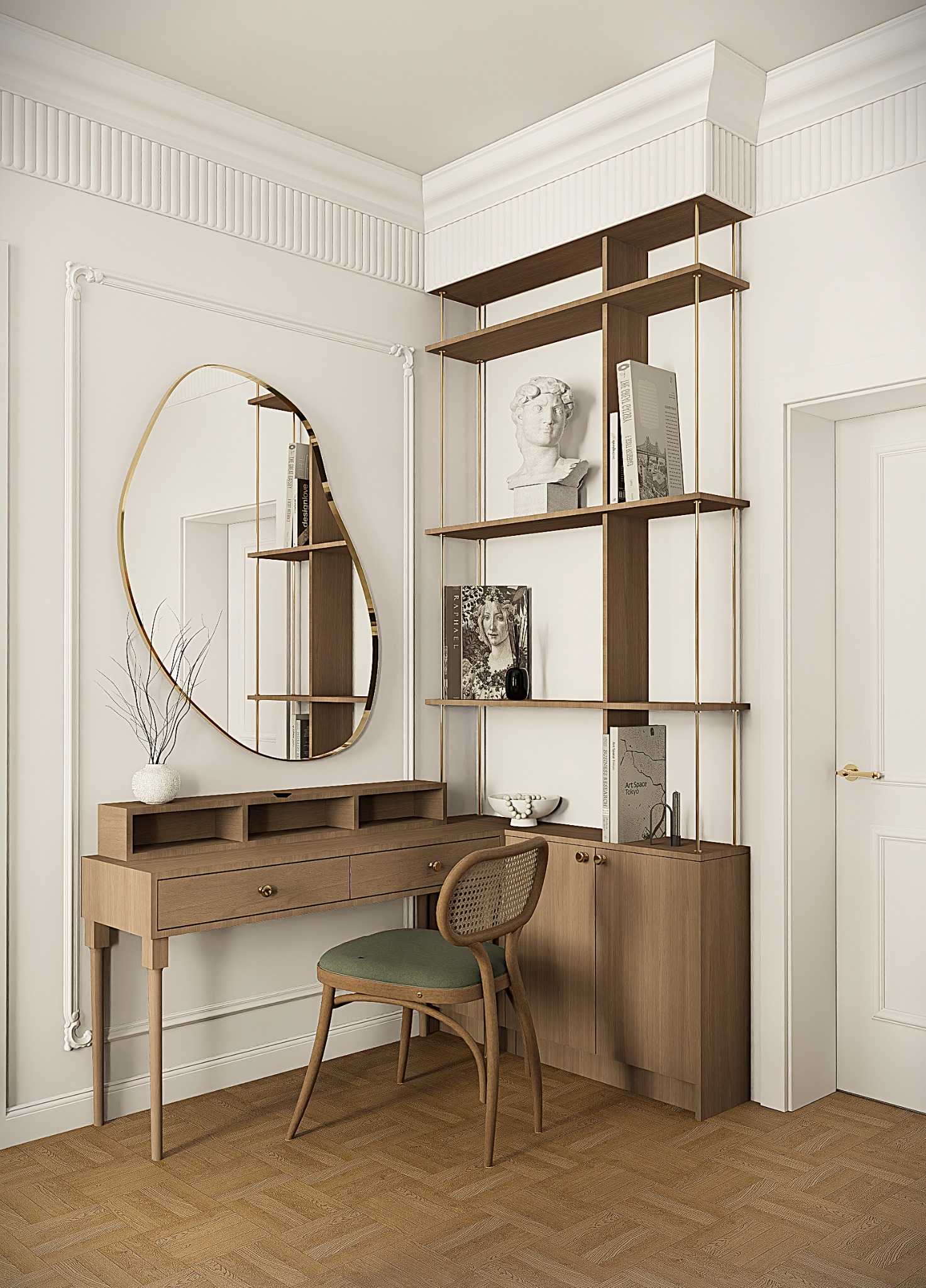 Stylowe biurko z owalnym lustrem i regałem w pokoju w Koszalinie. Jasne drewno, dekoracyjne listwy ścienne, parkiet w jodełkę. Wazon z gałązkami.