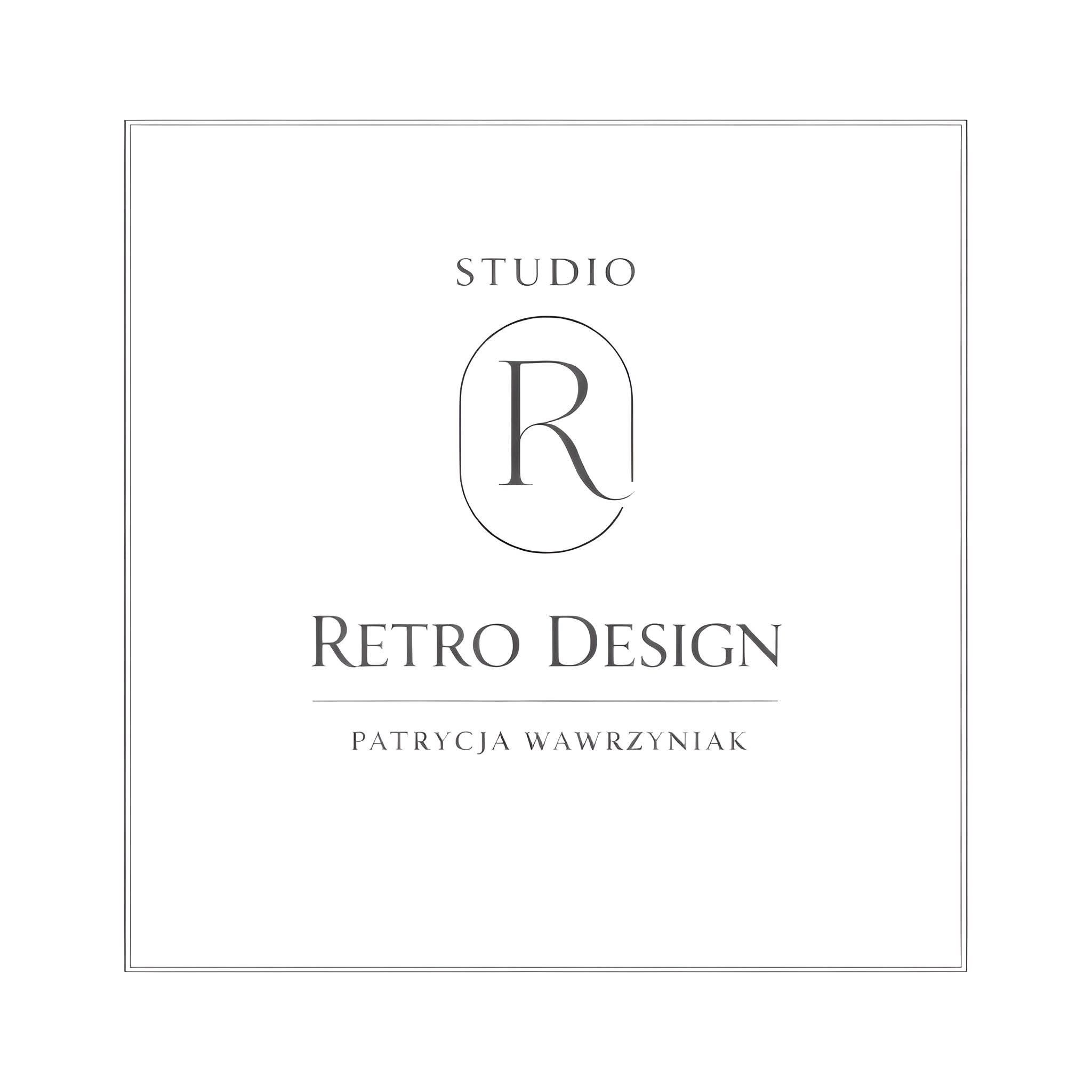 Minimalistyczne logo studia Retro Design Patrycja Wawrzyniak. Litera 'R' w okręgu, nazwa studia i imię projektanta w stonowanej kolorystyce na białym tle.