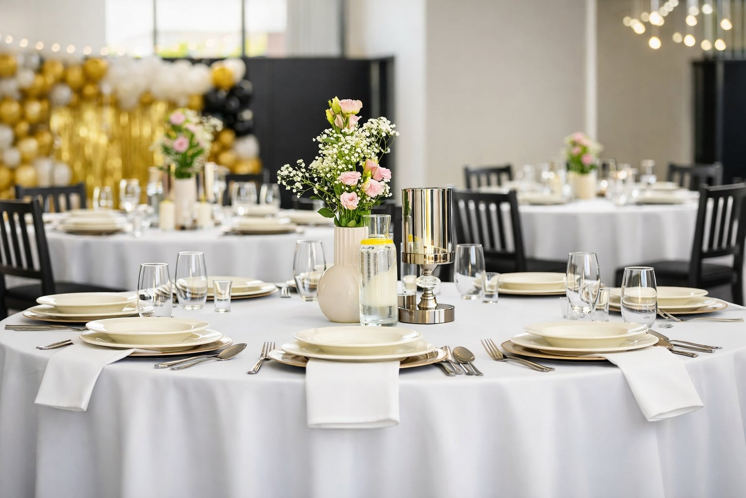 Elegancko nakryty stół z białym obrusem, kwiatami i dekoracjami w sali bankietowej. W tle balony w kolorach złota, bieli i czerni. Ustawienie stołów na przyjęcie.