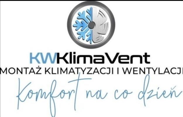 Logo firmy KW KlimaVent z hasłem 'Komfort na co dzień', oferującej montaż klimatyzacji i wentylacji. Symbolizuje połączenie chłodzenia i wentylacji.