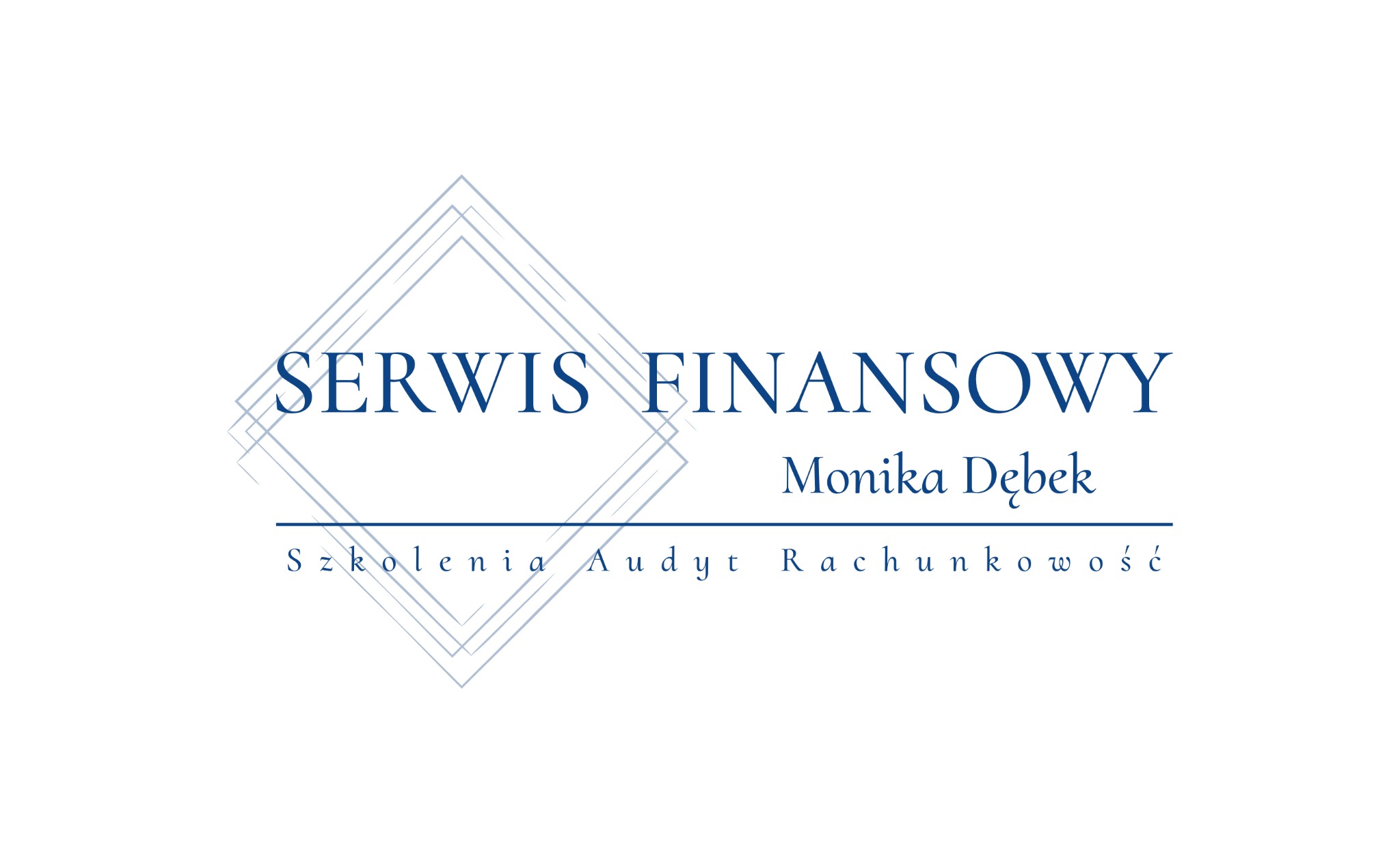 Logo Serwisu Finansowego Monika Dębek w odcieniach błękitu, z motywem geometrycznym i hasłami: szkolenia, audyt, rachunkowość na białym tle.