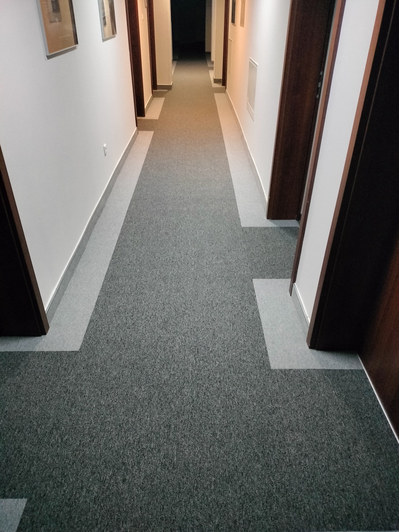 Długi korytarz z szarą wykładziną dywanową i jasnoszarymi listwami przypodłogowymi. Widok z perspektywy podłogi, drzwi po bokach, oświetlenie sufitowe.