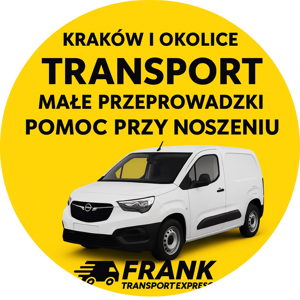 Żółte koło z napisem 'Transport, małe przeprowadzki, pomoc przy noszeniu' i grafiką białego busa Opel Combo Cargo, logo Frank Transport Express. Kraków i okolice.