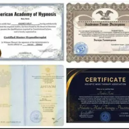 Zestaw certyfikatów i dyplomów, w tym American Academy of Hypnosis i Holistic Mind Therapy Association, potwierdzających kwalifikacje Andrei Kruta w hipnoterapii i psychologii.