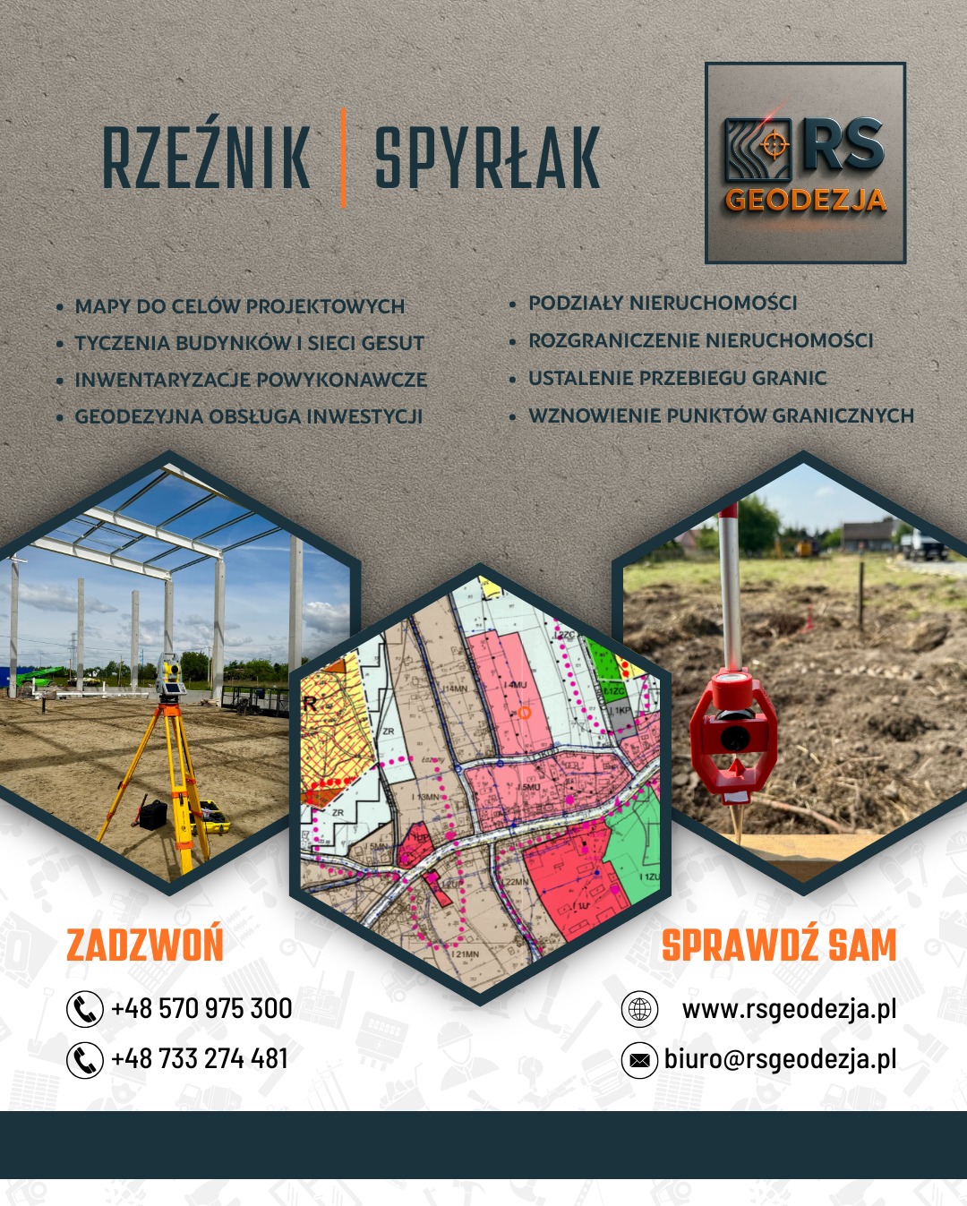 Baner firmy Rzeźnik Spyrłak Geodezja z ofertą: mapy do celów projektowych, tyczenia budynków, podziały nieruchomości. Na zdjęciu instrumenty pomiarowe i mapa.