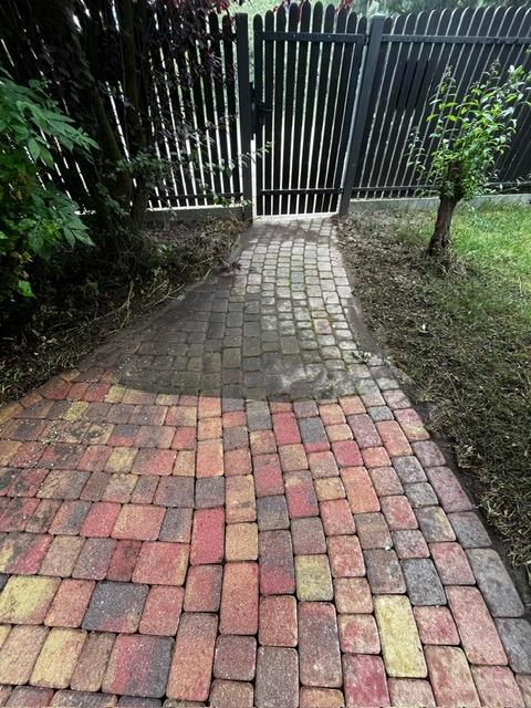 Częściowo umyta, kolorowa kostka brukowa prowadząca do ciemnej bramy. Widoczna różnica w czystości kostki, zieleń po bokach ścieżki.