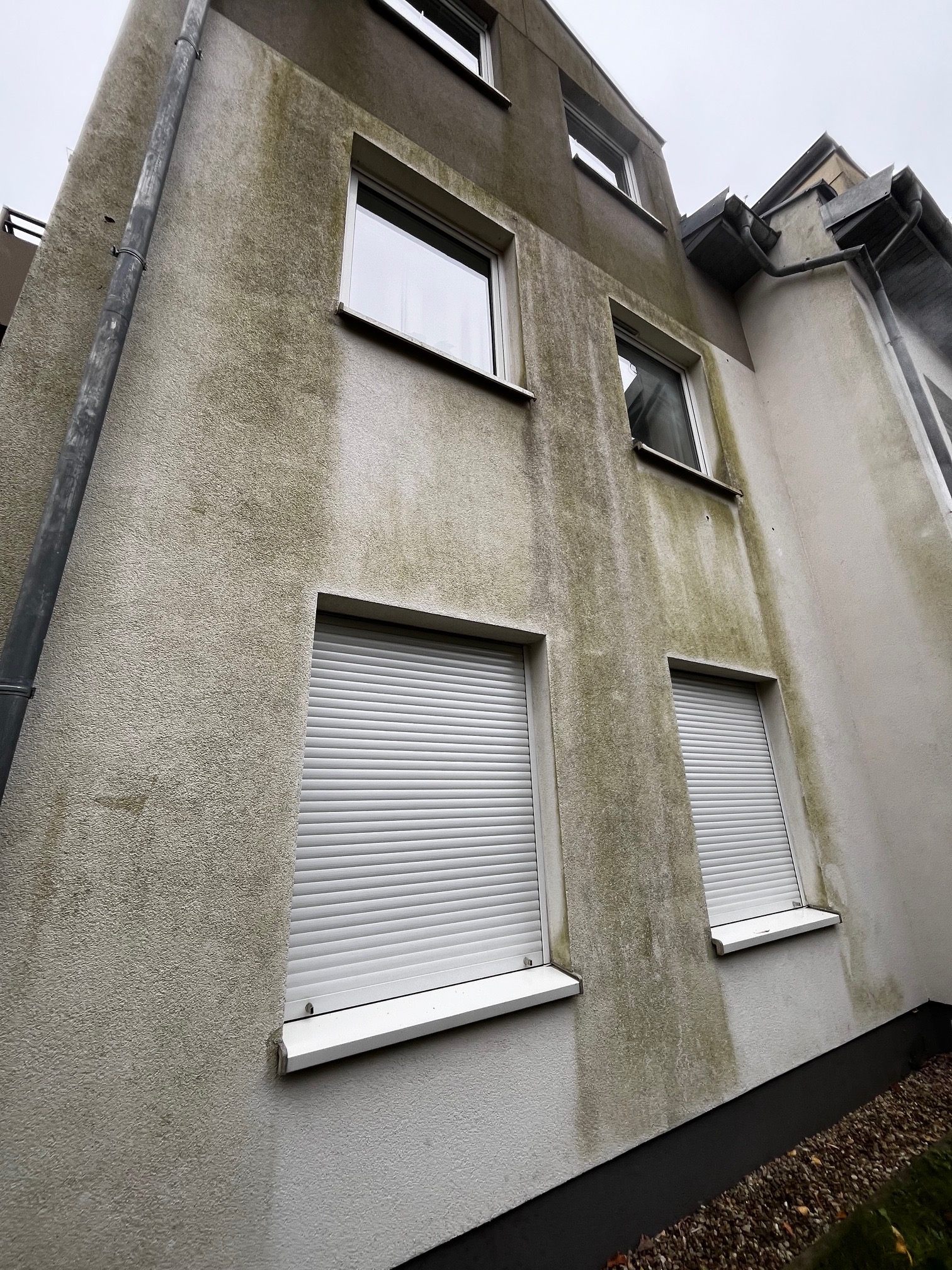 Brudna elewacja budynku z widocznymi zaciekami i zabrudzeniami, okna z roletami. Ujęcie z dołu, podkreślające pionowe zanieczyszczenia.