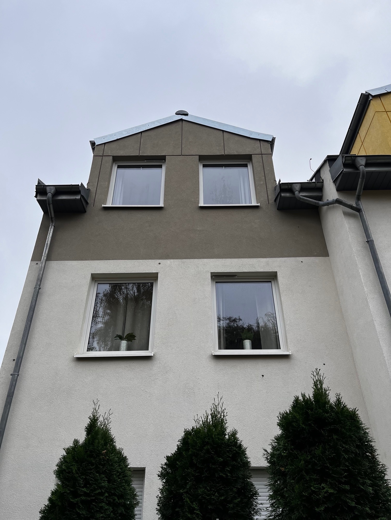 Dwukondygnacyjny budynek z szarą elewacją, widok z dołu. Widoczne okna z roślinami, rynny i trzy tuje przed budynkiem. Pochmurne niebo w tle.