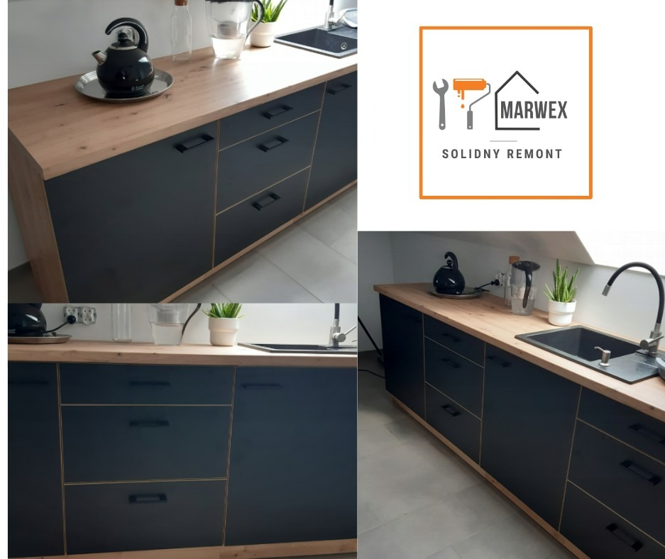 Nowoczesna zabudowa kuchenna z czarnymi frontami i drewnianym blatem. Minimalistyczny design, czajnik na blacie, roślina doniczkowa. Ujęcie z różnych perspektyw.