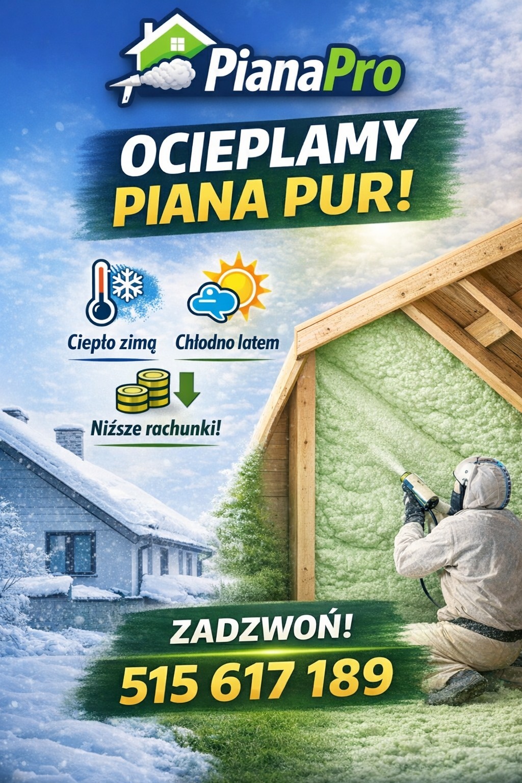 Grafika reklamowa: aplikacja pianki PUR na poddaszu, z hasłami o cieple zimą, chłodzie latem i niższych rachunkach. W tle ośnieżony dom i numer telefonu.