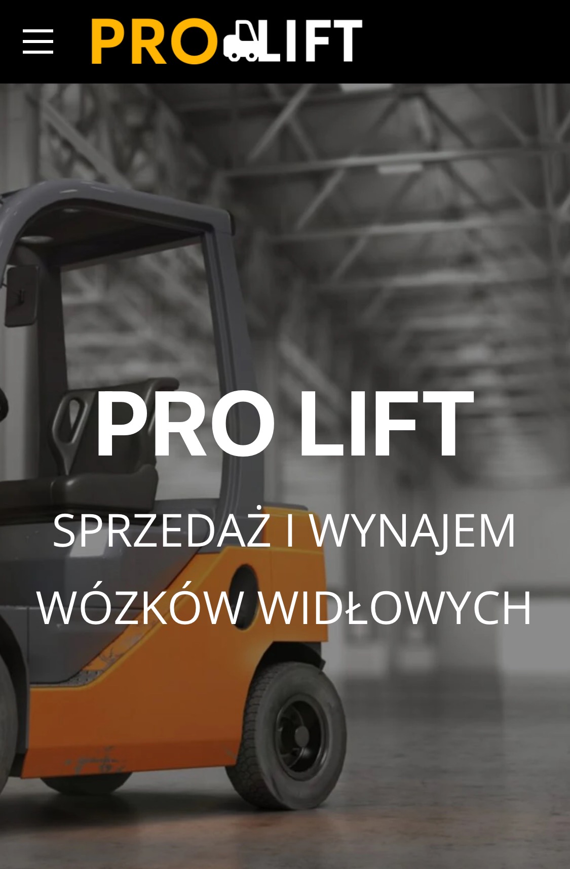 Grafika wózka widłowego Pro Lift na tle magazynu, z napisem 'Sprzedaż i wynajem wózków widłowych'.