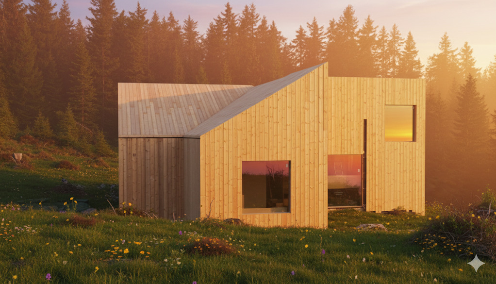 Nowoczesny, surowy dom szkieletowy z jasnego drewna na tle leśnej łąki oświetlonej zachodzącym słońcem, widoczne okna z odbiciem nieba.