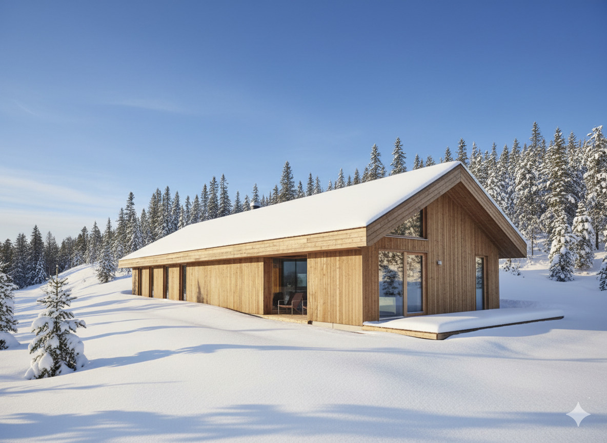 Drewniany dom w stylu skandynawskim, pokryty śniegiem, otoczony lasem iglastym. Minimalistyczna architektura, duże przeszklenia, jasne drewno. Zimowy krajobraz, błękitne niebo.