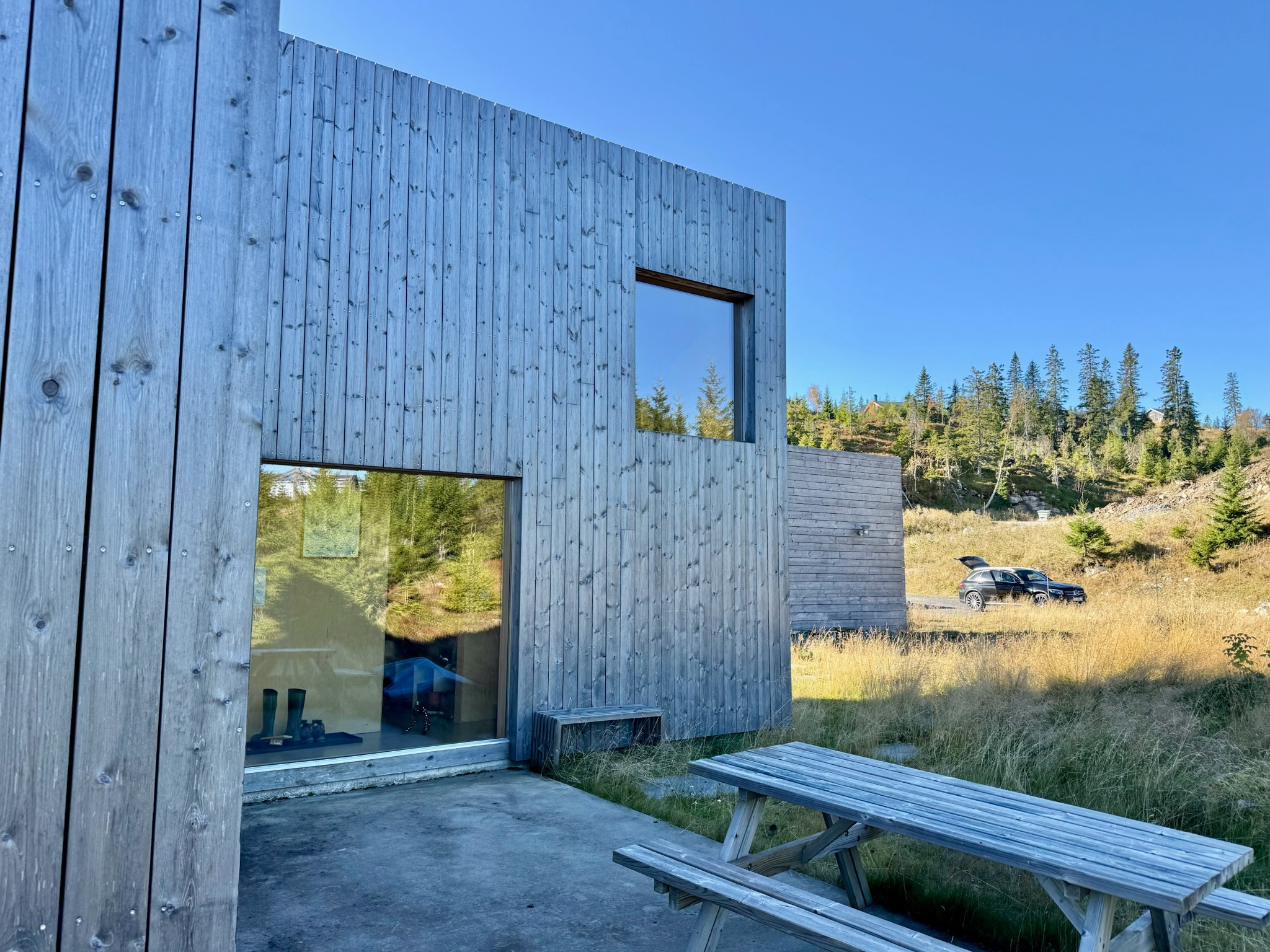 Nowoczesny dom szkieletowy z drewnianą elewacją w naturalnym otoczeniu. Widoczne duże okna, stół piknikowy i samochód w tle. Minimalistyczny design i spokojna atmosfera.