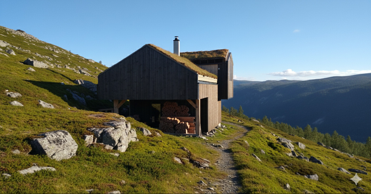 Nowoczesny dom szkieletowy z zielonym dachem na zboczu góry. Widok na dolinę i las. Stos drewna pod domem. Unikalna architektura w naturalnym otoczeniu.