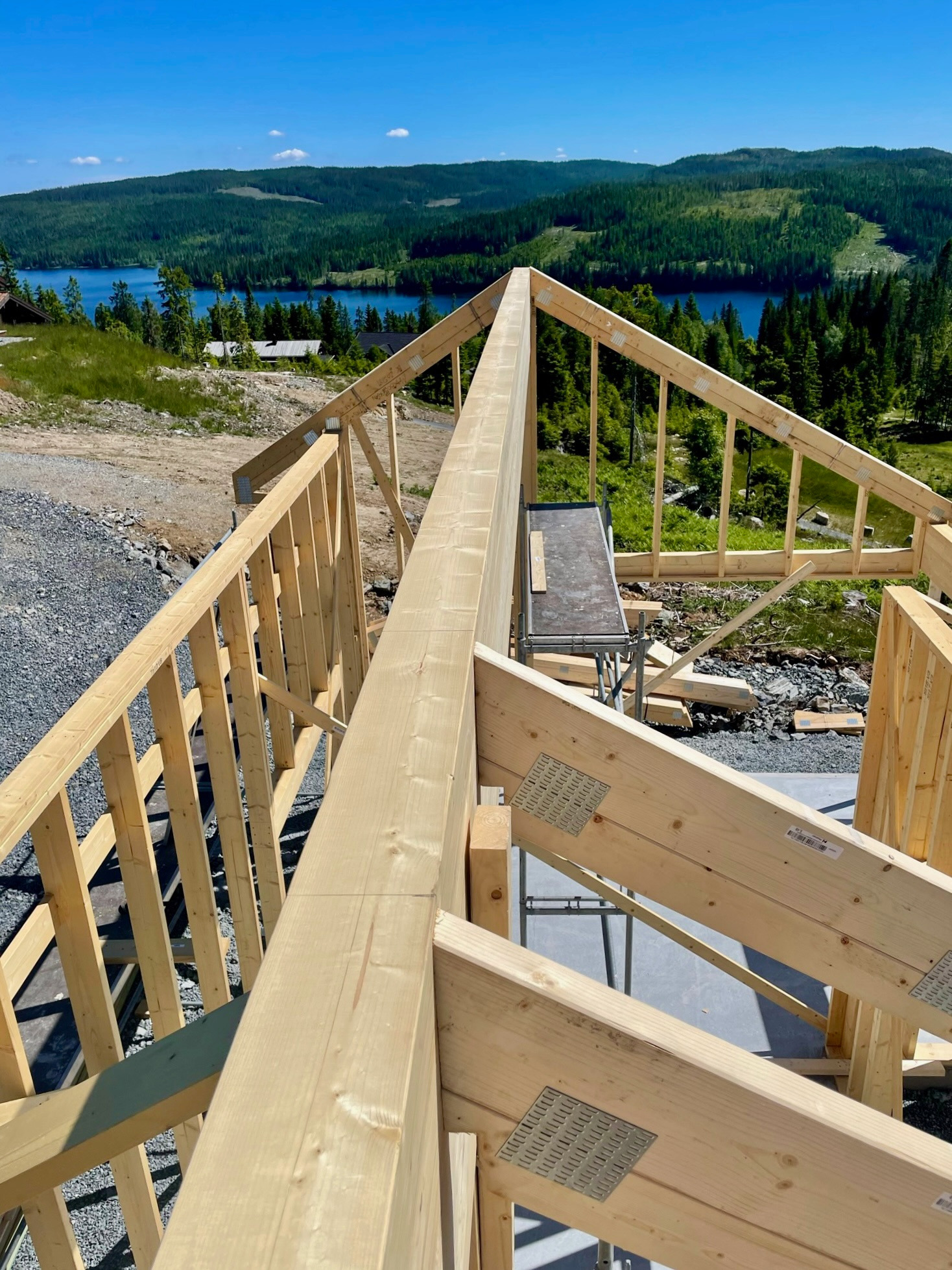 Wznoszenie konstrukcji domu szkieletowego z widokiem na jezioro i las. Elementy drewniane połączone metalowymi płytkami. Widoczny fragment rusztowania.