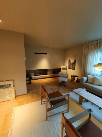 Jasne wnętrze salonu z parkietem, dywanem i skórzanymi krzesłami. W tle kominek i sofa. Minimalistyczny design z naturalnym oświetleniem.