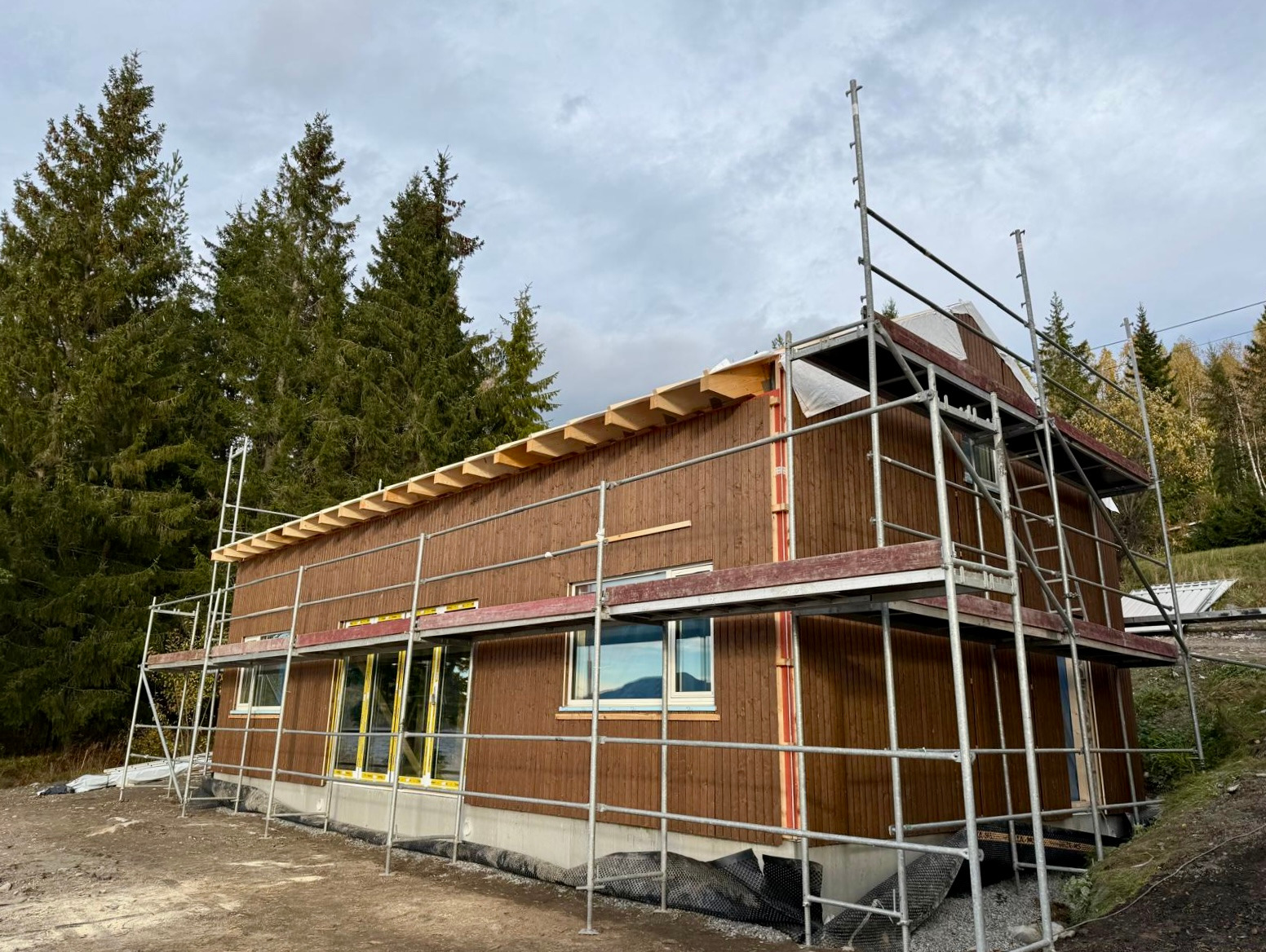 Brązowy dom szkieletowy w trakcie budowy, otoczony rusztowaniami na tle zielonych drzew i pochmurnego nieba. Widoczne elementy konstrukcyjne dachu i okna.