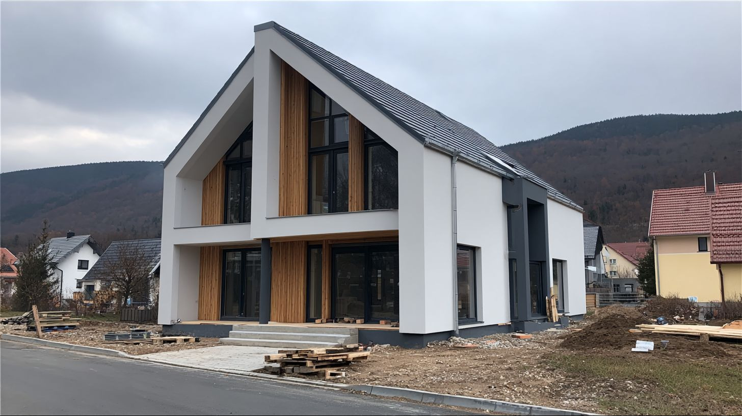 Nowoczesny dom z białymi ścianami i drewnianą fasadą, duże okna, dwuspadowy dach, w tle góry i inne budynki. Etap budowy, widoczne materiały budowlane.