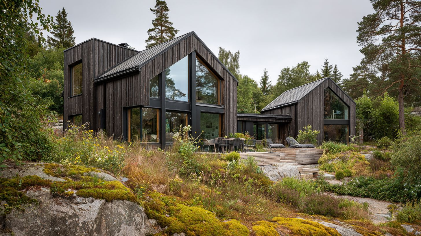 Nowoczesny dom szkieletowy z ciemnego drewna, z dużymi przeszkleniami, otoczony naturalnym krajobrazem z roślinnością i skałami porośniętymi mchem. Taras z meblami.