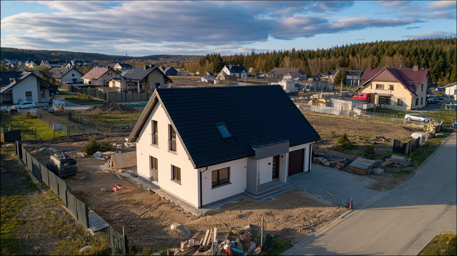 Nowoczesny, parterowy dom z poddaszem użytkowym i garażem, z ciemną dachówką, na działce w trakcie zagospodarowywania, widok z góry na tle zabudowy jednorodzinnej.