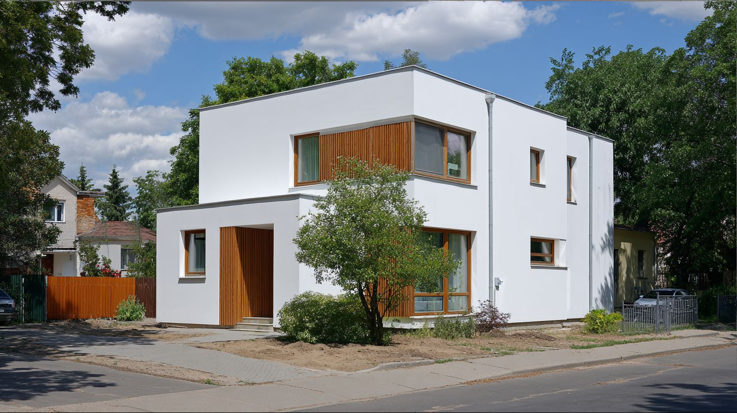 Nowoczesny, biały dom z drewnianymi akcentami w Chełmie, otoczony zielenią. Minimalistyczna bryła budynku z dużymi oknami i charakterystycznym wejściem.